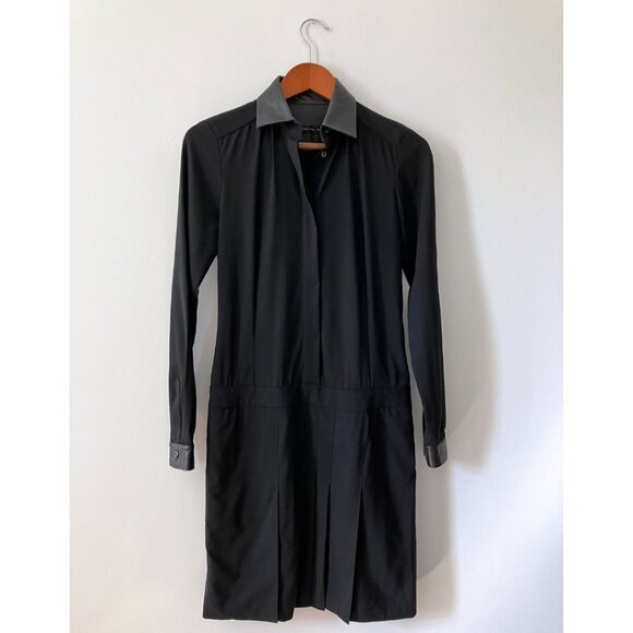 Barbara Bui Pleated Dress with Leather Collar Black Size FR 36/ US 4 - Picture 2 of 6